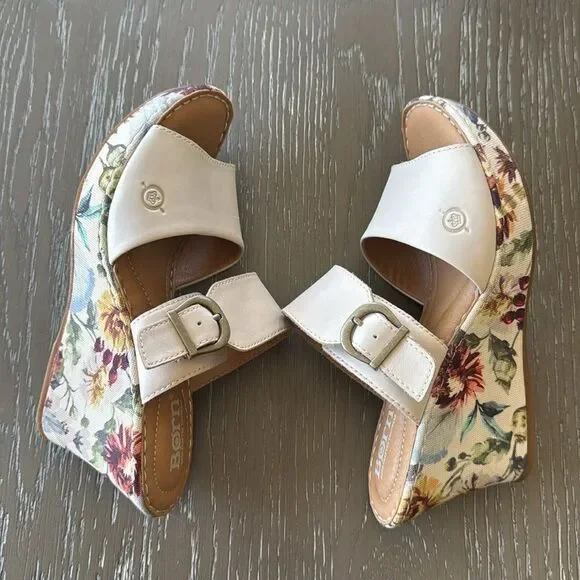 Born Women's Cream Leather Floral Print Buckle Wedge Comfortable Sandals Size 7M - Picture 10 of 12